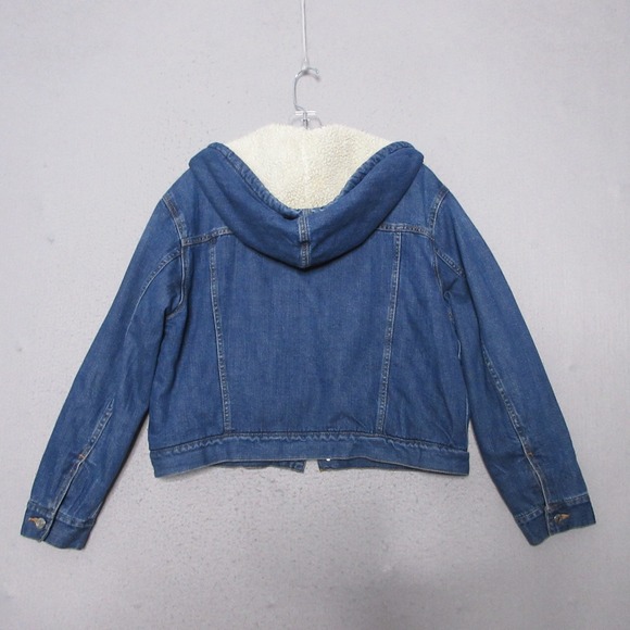GAP Denim Jacket Womens Small Blue Sherpa Lined Hooded Jean Trucker Crop Grunge - Picture 8 of 10